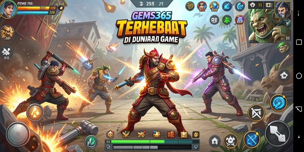 Screenshot GEMS365 menampilkan pertarungan seru dengan aksi karakter yang dinamis.