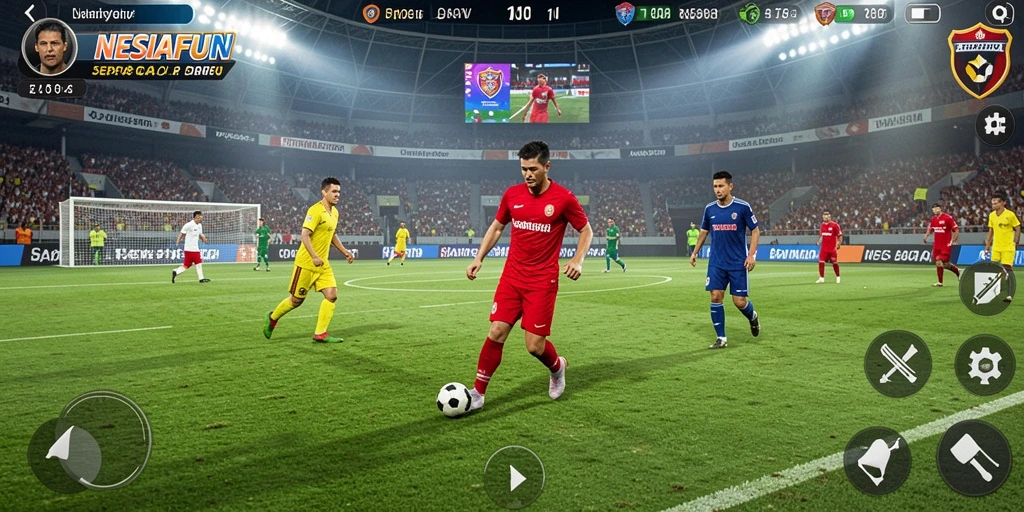 Tangkapan layar utama NESIAFUN menampilkan aksi seru di lapangan sepakbola.