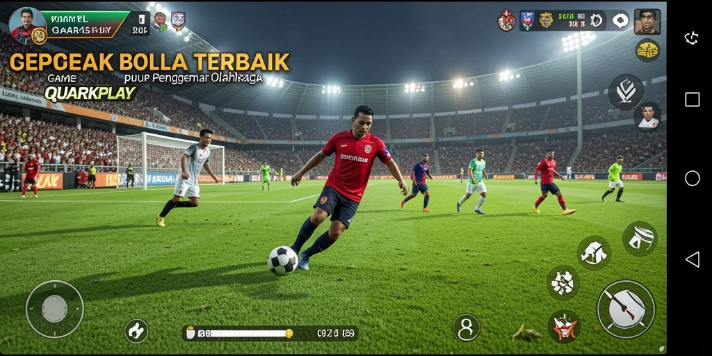 Screenshot utama menampilkan aksi seru di lapangan sepak bola.