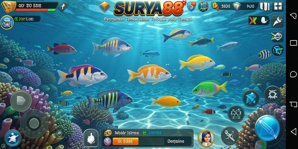 Tangkapan layar utama SURYA88 menampilkan aksi seru dalam permainan tembak ikan.
